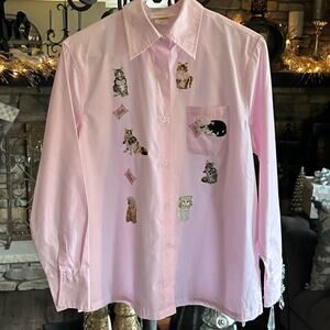 Tia Designs - Dress Up Cats, French Rhinestones, Pink white Cotton Shirt medium